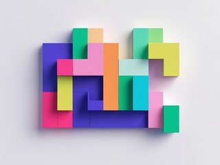 Colorful geometric blocks arranged in a playful abstract composition