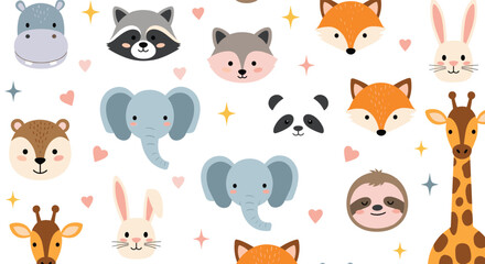 Naklejka premium Sweet and charming seamless pattern featuring various cartoon animal faces like a hippo, fox, elephant, and giraffe, adorned with cute hearts and stars.