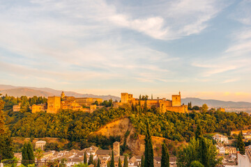 Alhambra palace complex in Granada Spain at sunset