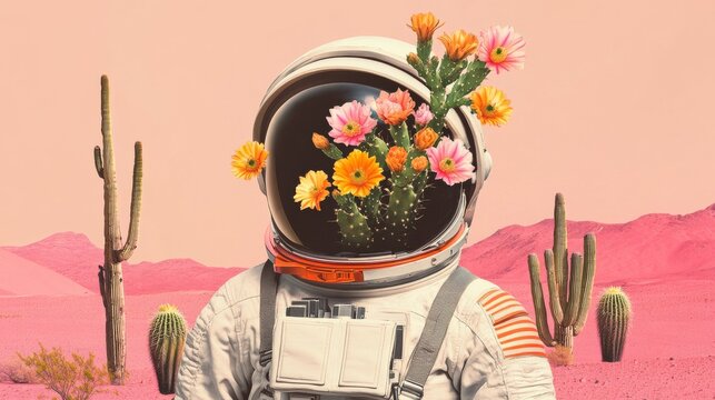 Astronaut Helmet Cactus Bloom Desert Landscape, Surreal Art, Pink Desert