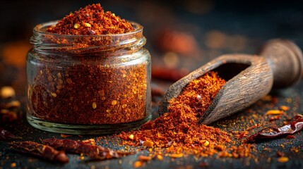 A glass jar containing bright red chili powder is placed on a dark surface, with a wooden scoop beside it, highlighting the vivid colors and textures of spices