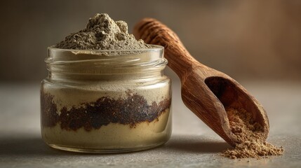 Glass jar contains layered natural powders with a wooden scoop beside it, highlighting earthy tones and textures, perfect for health and beauty products