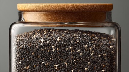 Transparent glass jar filled with black poppy seeds, topped with a wooden lid, highlighting the unique texture and visual appeal of the seeds inside
