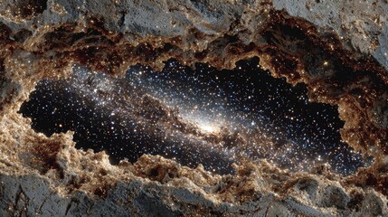 Rocky cave formation opens to a breathtaking cosmic scene, revealing a galaxy filled with stars and celestial wonders, inviting exploration and imagination