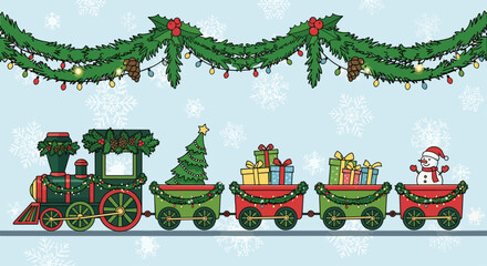 Adorable Christmas train carrying gifts and snowman through winter wonderland, perfect for holiday cards and festive promotions