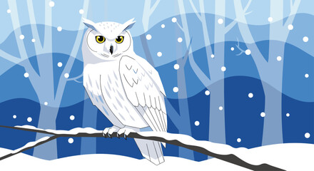 Majestic snowy owl perched on a snow-covered branch in a serene winter forest scene, perfect for holiday greetings or winter nature themes