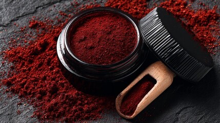 Bright red spice powder displayed in a glass jar with a wooden scoop, surrounded by scattered powder on a dark surface, emphasizing culinary creativity and vibrant hues