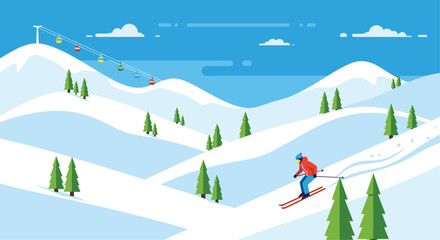 Vibrant ski resort scene with skier descending snowy slope and colorful gondolas, perfect for travel brochures and winter sport promotions