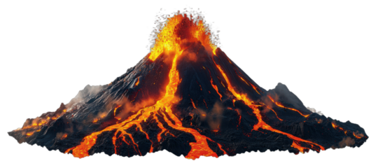 Active volcano erupting with flowing lava and smoke