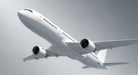 Fototapeta premium White commercial airplane in flight against a grey sky, an aircraft for passenger travel and transportation