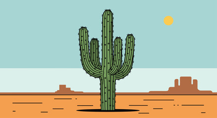 Tranquil desert landscape with a striking saguaro cactus basking under the radiant sun for travel and western themed projects