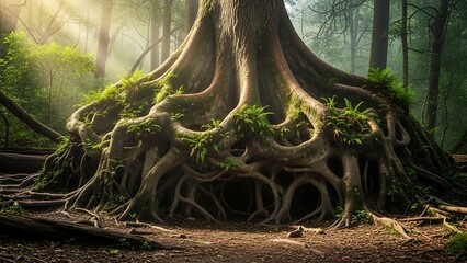 Majestic Tree Roots in a Lush Green Forest.
