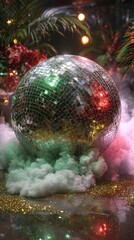 A dazzling disco ball is enveloped in colorful smoke and glitter, surrounded by lush greenery and festive lights, evoking a lively party ambiance