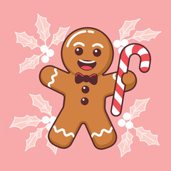 Gingerbread man with candy cane and holly leaves christmas