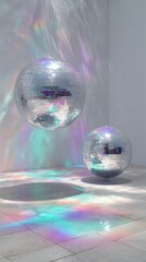 Two disco balls hang in a bright room, reflecting colorful light patterns on the floor, enhancing the festive ambiance and inviting joyful celebrations