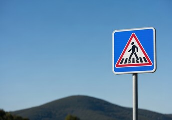 Pedestrian crossing warning sign against blue sky and hill
