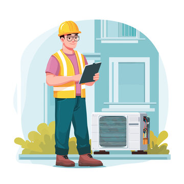 HVAC Technician inspecting air conditioning unit outside a building