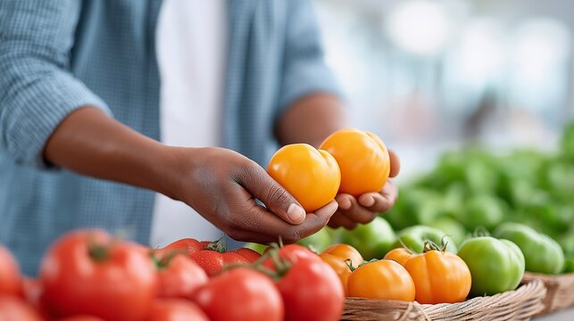 African American man carefully selecting ripe tomatoes from a vibrant display of fresh produce, showcasing the beauty of healthy eating and farm-to-table choices