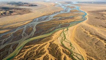 Aerial view of a desert river delta with winding channels and arid land full hd 4k stock image download