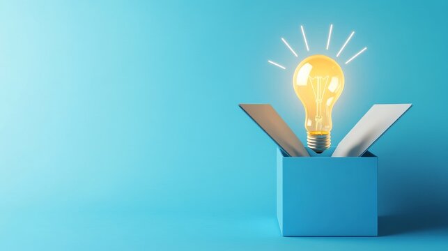 Bright Idea in a Box Glowing Bulb Concept, Innovation, Solution Innovation, Creativity