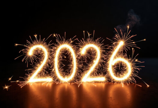happy new year, new year's eve, silvester, new year, celebration greeting card, new year card - Year 2026 in sparkler font and firework fireworks pyrotechnic, isolated on black night sky background