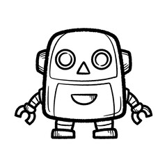 Black and white line art of a friendly cartoon robot character