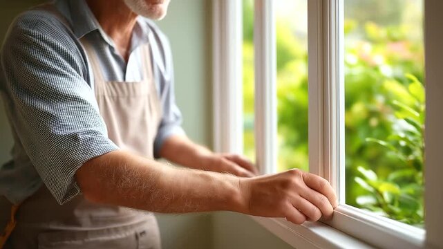 Window fitter removing old windows defocused preparation, faceless removal process, demolition visualization detail, blurred construction background, replacement concept, preparati
