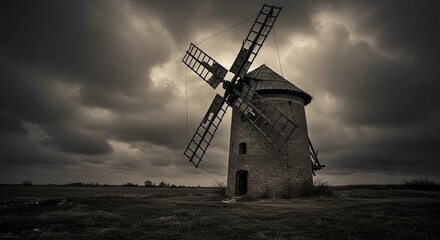 Old windmill silhouette against dramatic cloudy sky agricultural landscape