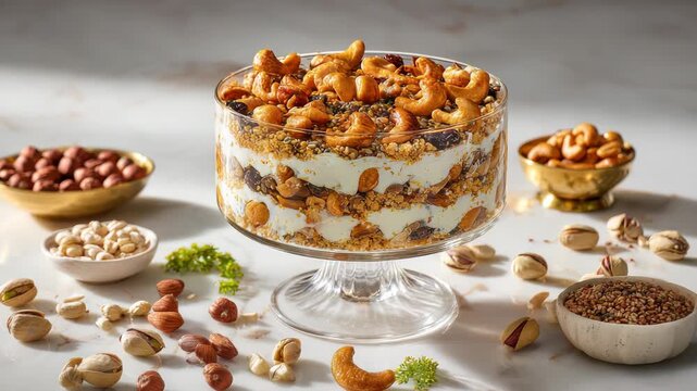 Decadent layered dessert featuring creamy white filling and crunchy nut toppings served in a clear glass trifle bowl surrounded by assorted nuts in small bowls on a marble
