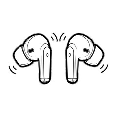 Black Line Art Illustration of Two Wireless Earbuds Emitting Sound Waves