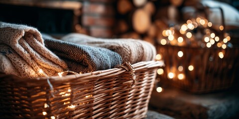 Obraz premium A wicker basket with folded knitted blankets next to glowing fairy lights. Concept of winter comfort and cozy holiday home atmosphere.