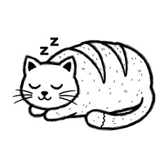 Cute Hand-Drawn Sleeping Cat Doodle with Stripes Isolated on White