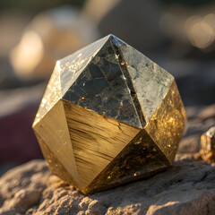 Golden pyrite mineral crystal with metallic sheen on rough stone surface full hd 4k stock image download