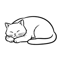 Simple monochrome line art illustration of a sleeping cat curled up.