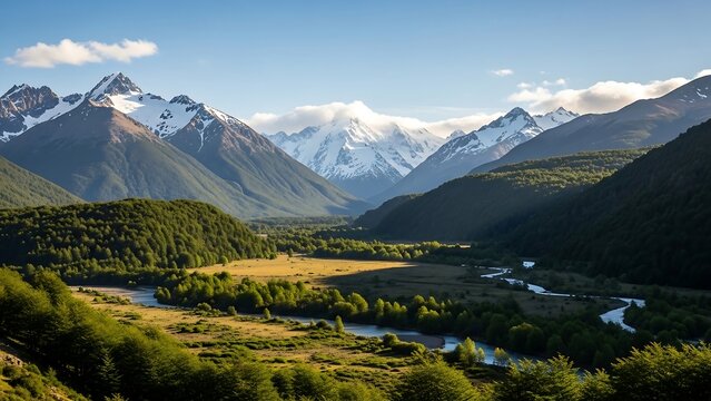 Majestic mountain range with snow-capped peaks and lush green valley.