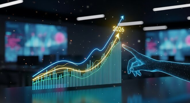 Digital hand interacting with glowing neon bar graph showing growth in 2026 chart data