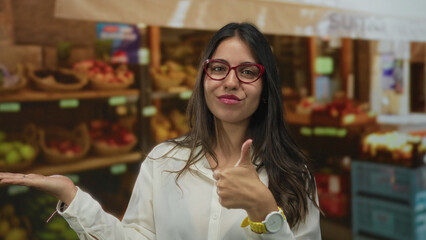 Smiling hispanic woman gives thumbsup gesture beside bright wooden fruit aisle display in building; approval.