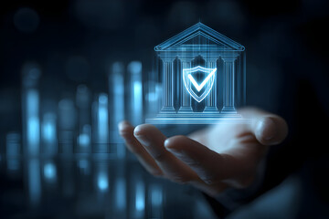 Digital banking security hologram with protective shield in hand gesture concept