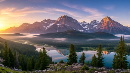 Majestic Mountain Vista at Sunrise - A Serene Landscape of Peaks and Lake.