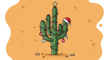 Celebrate a desert Christmas with this charming cactus decorated with lights, ornaments, and a Santa hat against a warm tan background