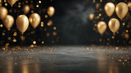 Elegant celebration scene with golden balloons floating in a festive atmosphere