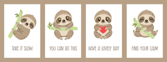 Set of cute vector sloth cards with motivational quotes in pastel colors. Adorable calm design perfect for prints, planners, stationery, and positive reminders.