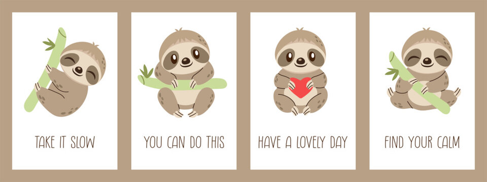 Set of cute vector sloth cards with motivational quotes in pastel colors. Adorable calm design perfect for prints, planners, stationery, and positive reminders.