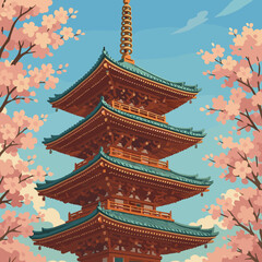 Beautiful pagoda surrounded by cherry blossoms under a clear blue sky