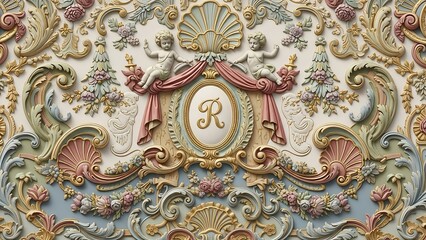Ornate Plasterwork with Letter R and Baroque Details.