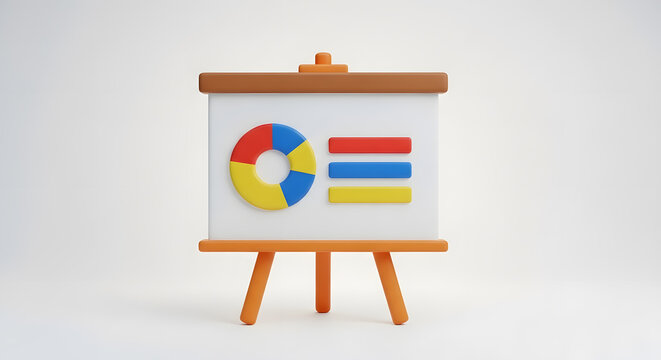 A three dimensional presentation board displaying a segmented pie chart and multiple bar graphs for data analysis