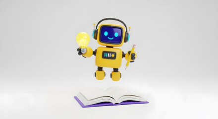 Adorable yellow robot character wearing headphones holding a bright lightbulb and a pencil