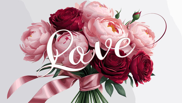 Beautiful bouquet of peonies and roses with the word "Love" in elegant script