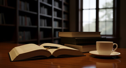 An open book and pen on a wooden desk with a coffee cup in a cozy library interior