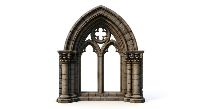 Ancient stone gothic arch window frame with ornate details and pillars, standing isolated on a surface